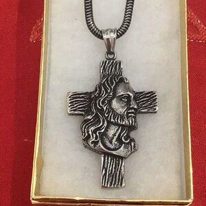Profound Jesus Profile Cross Pendant on Dark Silver Stainless Steel Chain – NWT